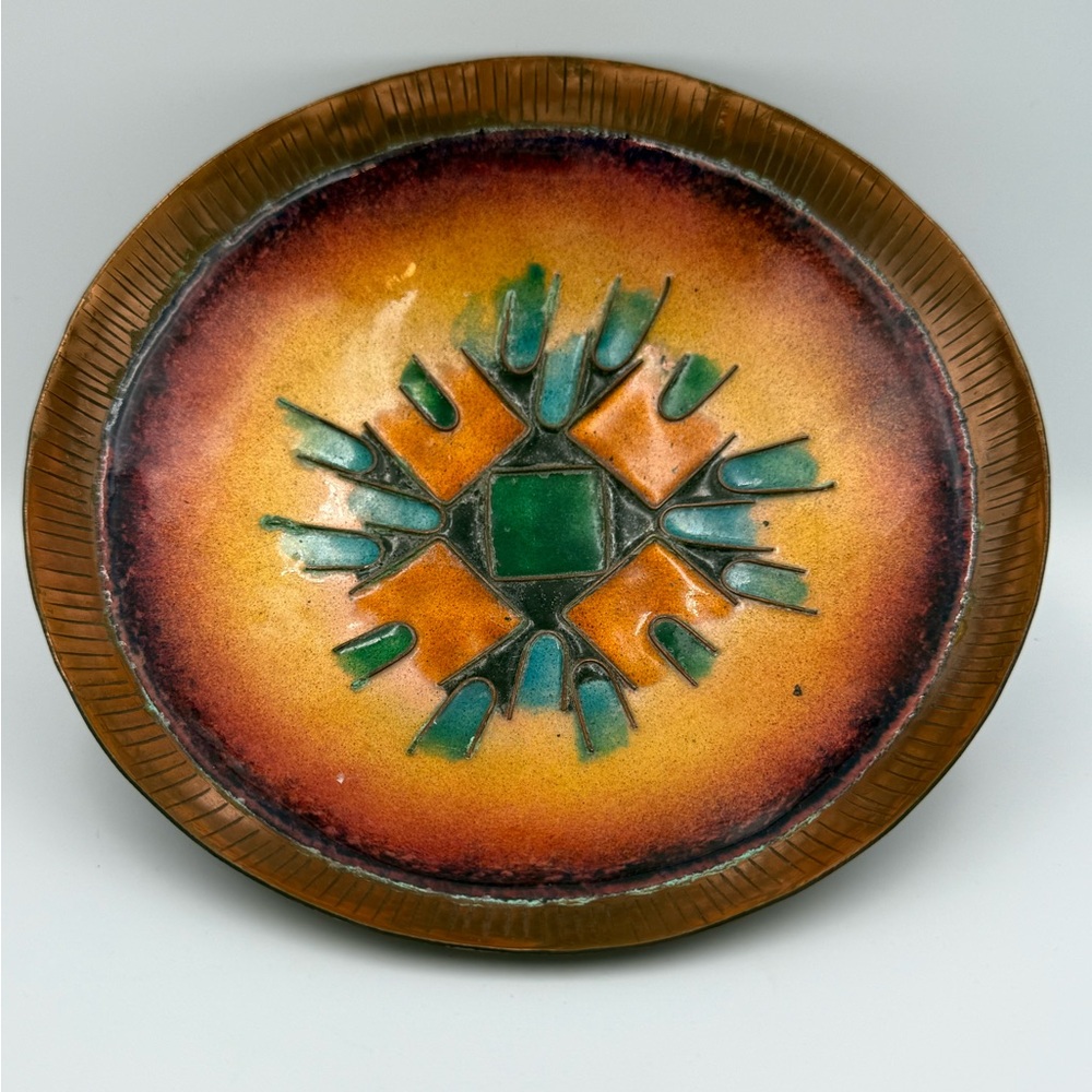 Vintage Mid Century Enamel On Copper Footed Trinket Dish Abstract 7.5"